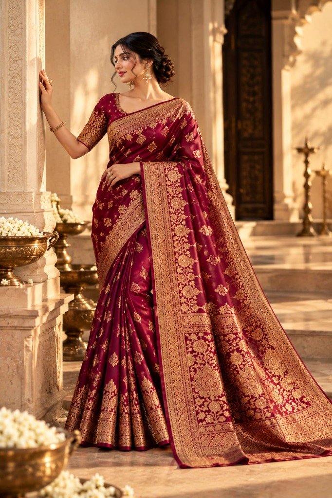 Imperial Wine & Burgundy Kadwa Saree